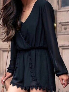 Astr Long Sheer Sleeve Lace Trim Romper Black Women’s Size S